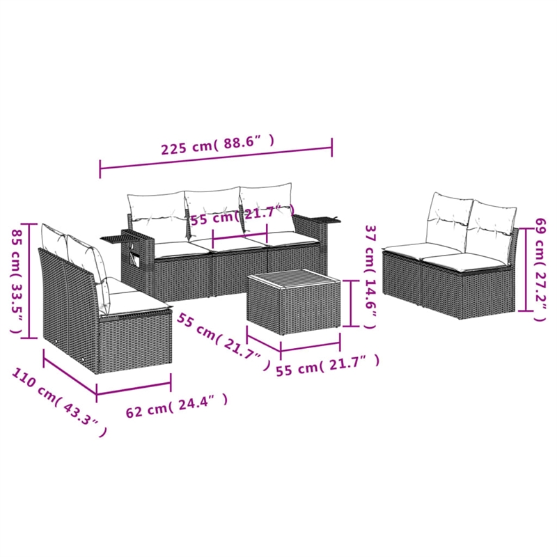 Afuera Living Contemporary 8 Piece Poly Rattan Small Sofa Set in Gray