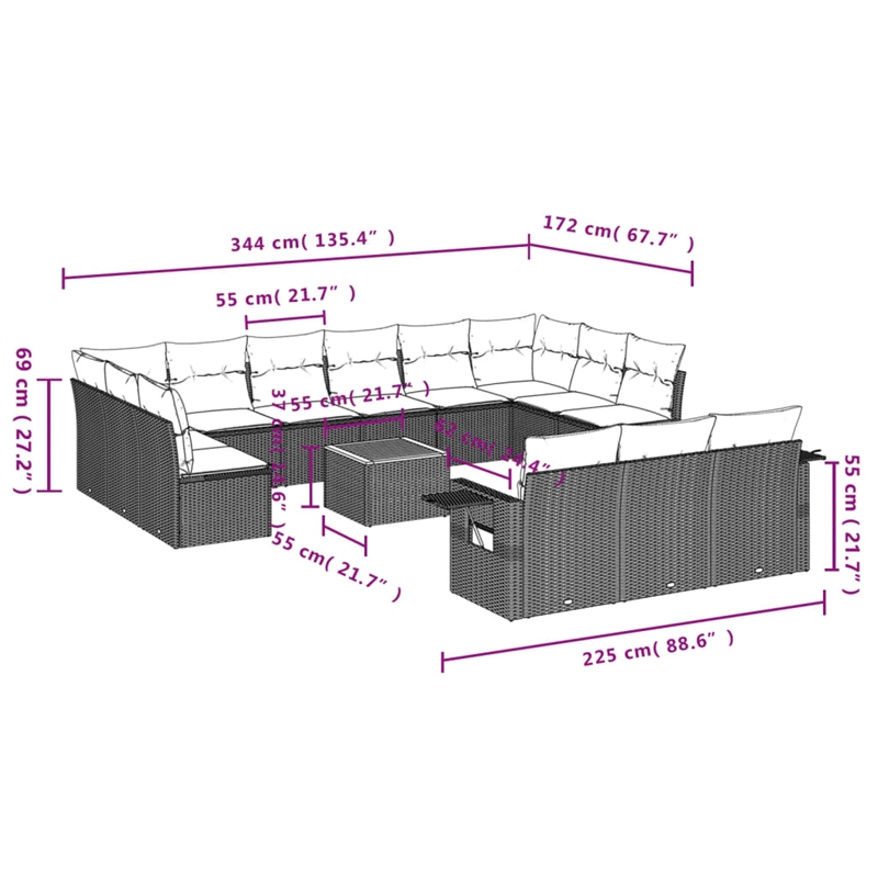 Afuera Living Contemporary 14 Piece Poly Rattan Sofa Set in Gray