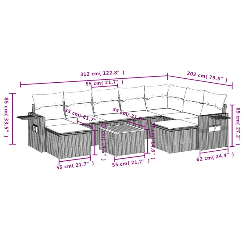 Afuera Living Contemporary Synthetic Poly Rattan 10 Piece Sofa Set in Black