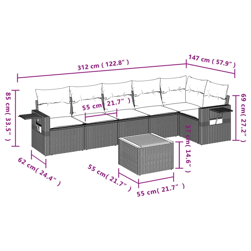 Afuera Living Contemporary 7 Piece Poly Rattan Sofa Set in Black