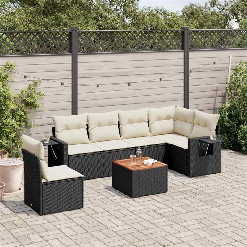 Afuera Living Contemporary Synthetic Poly Rattan 7 Piece Sofa Set in Black/Cream