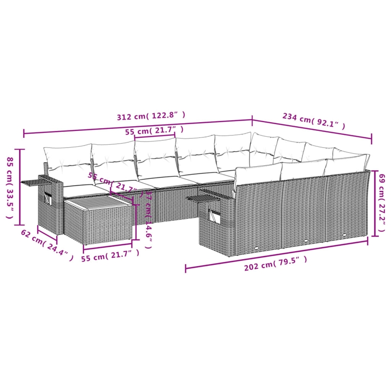 Afuera Living Contemporary 11 Piece Poly Rattan Sofa Set in Gray