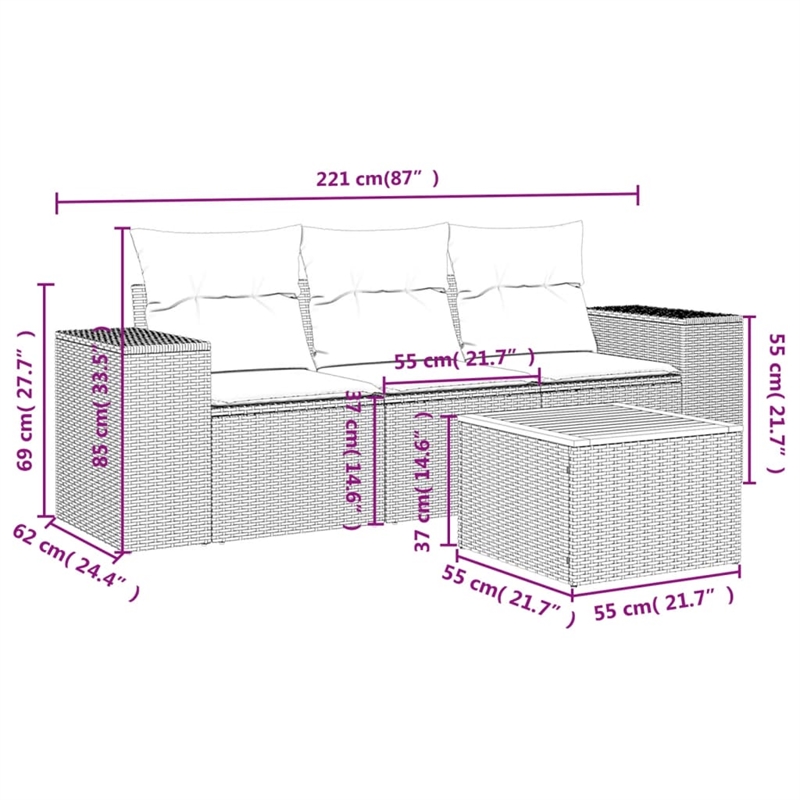 Afuera Living Contemporary Synthetic Poly Rattan 4 Piece  Sofa Set in Beige