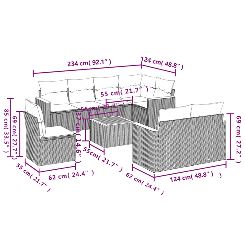 Afuera Living Contemporary Synthetic Poly Rattan 9 Piece  Sofa Set in Gray