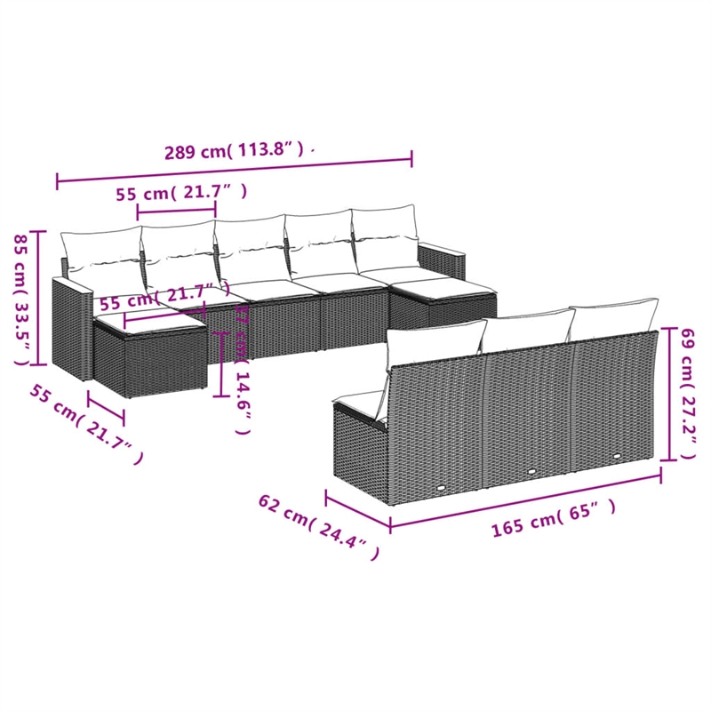 Afuera Living Contemporary 10 Piece Poly Rattan Large Sofa Set in Gray