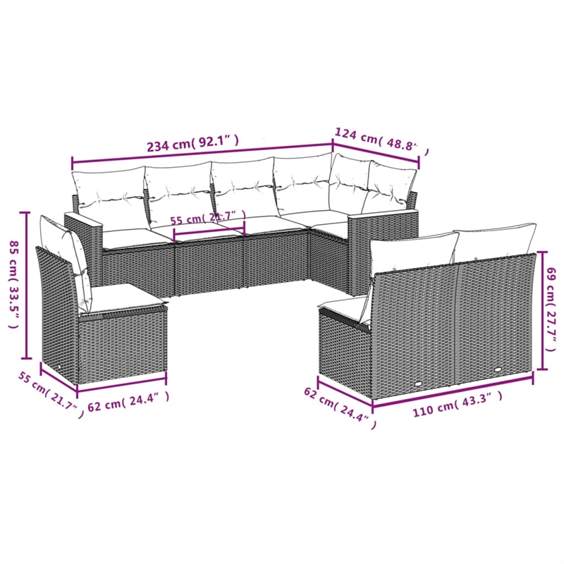 Afuera Living Contemporary Synthetic Poly Rattan 8 Piece Sofa Set in Black