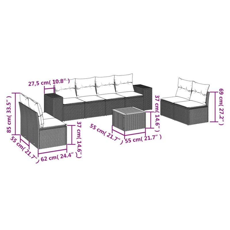 Afuera Living Contemporary 9 Piece Poly Rattan Sofa Set in Black/Cream