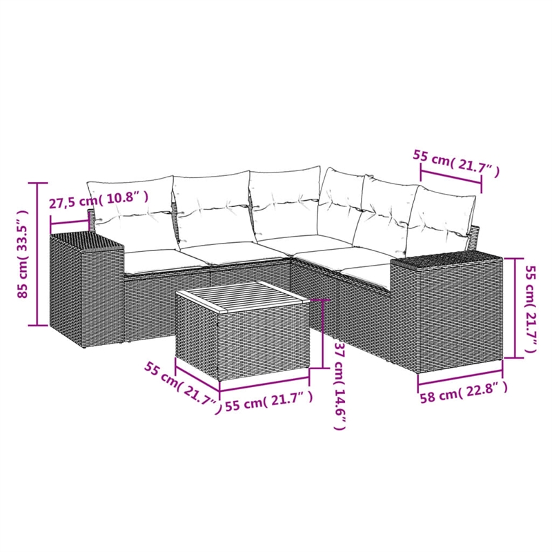 Afuera Living Contemporary Synthetic Poly Rattan 6 Piece  Sofa Set in Black