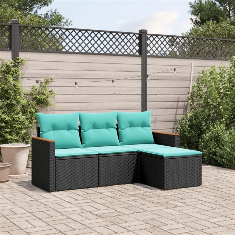 Afuera Living Contemporary 4 Piece Poly Rattan Sofa Set in Black/Blue