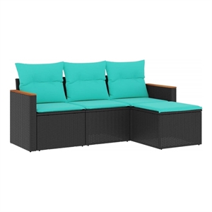 Afuera Living Contemporary 4 Piece Poly Rattan Sofa Set in Black/Blue