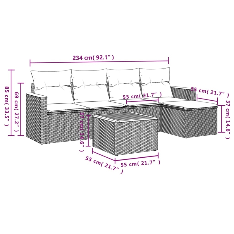 Afuera Living Contemporary Synthetic Poly Rattan 6 Piece  Sofa Set in Gray