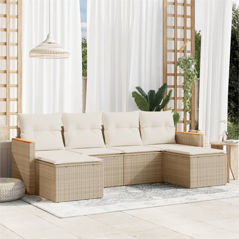 Afuera Living Contemporary 6 Piece Poly Rattan Sofa Set in Cream/Beige