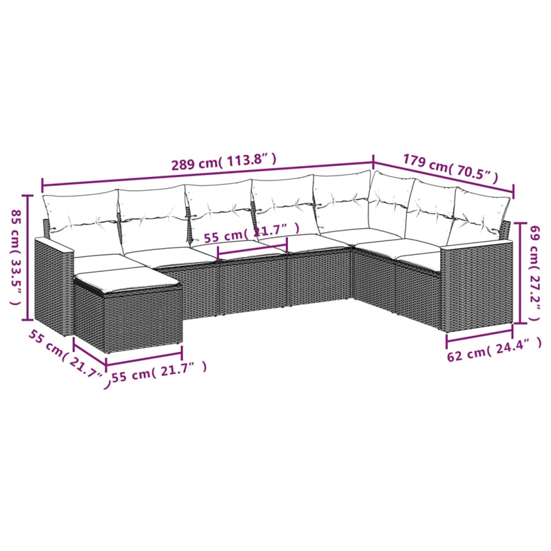 Afuera Living Contemporary Synthetic Poly Rattan 8 Piece  Sofa Set in Gray