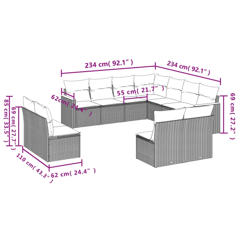 Afuera Living Contemporary 11 Piece Poly Rattan Large Sofa Set in Gray
