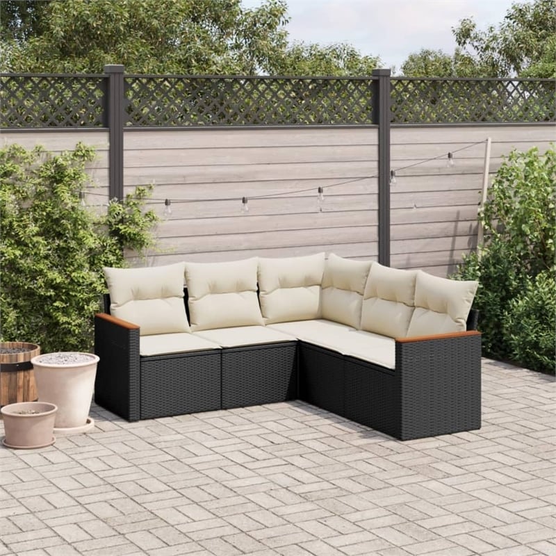 Afuera Living Contemporary 5 Piece Poly Rattan Sofa Set in Black/Cream