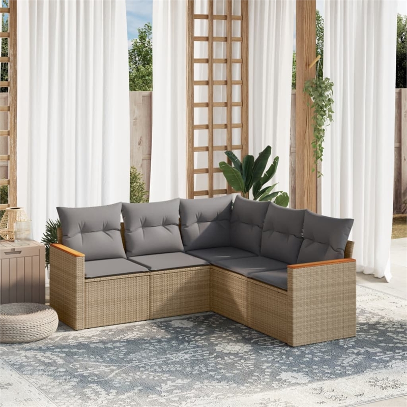 Afuera Living Contemporary Synthetic Poly Rattan 5 Piece  Sofa Set in Beige