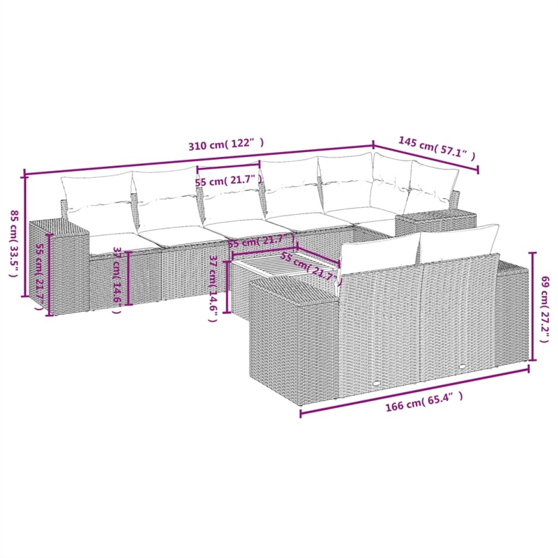Afuera Living Contemporary Synthetic Poly Rattan 9 Piece Sofa Set in Gray