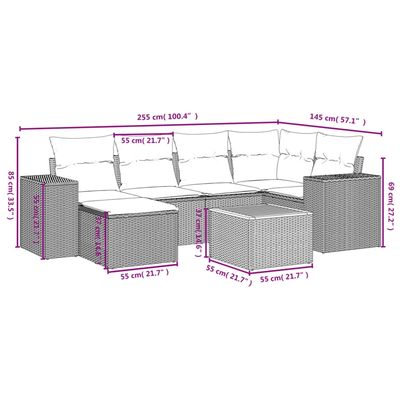 Afuera Living Contemporary Synthetic Poly Rattan 7 Piece  Sofa Set in Beige