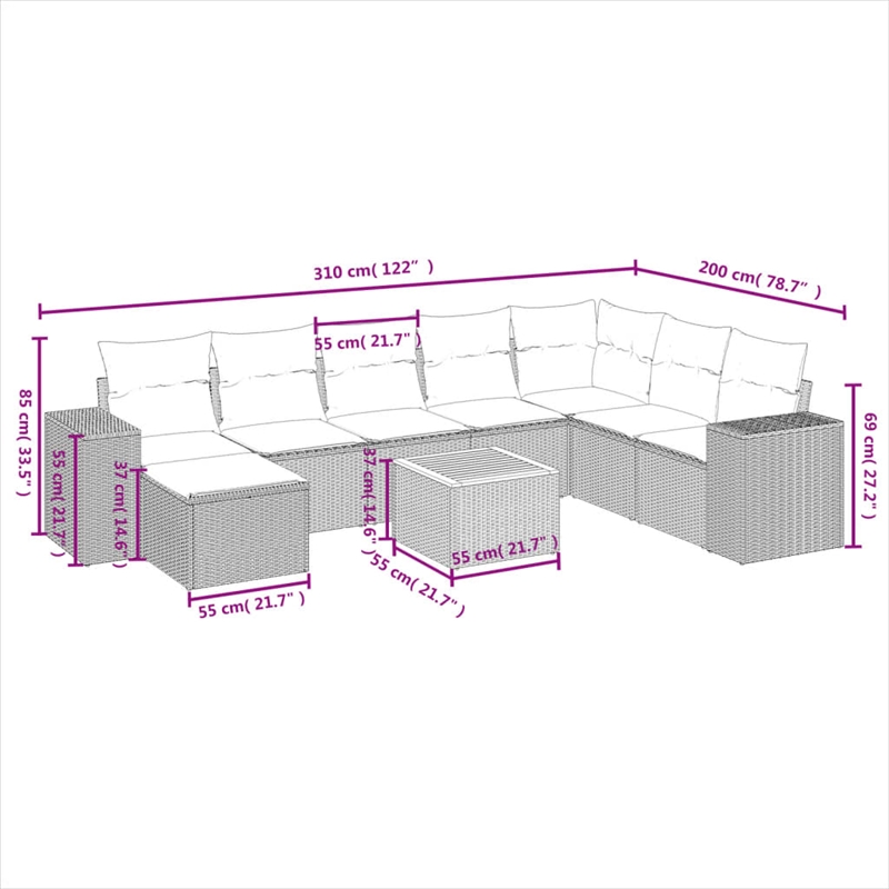 Afuera Living Contemporary 9 Piece Poly Rattan Sofa Set in Black