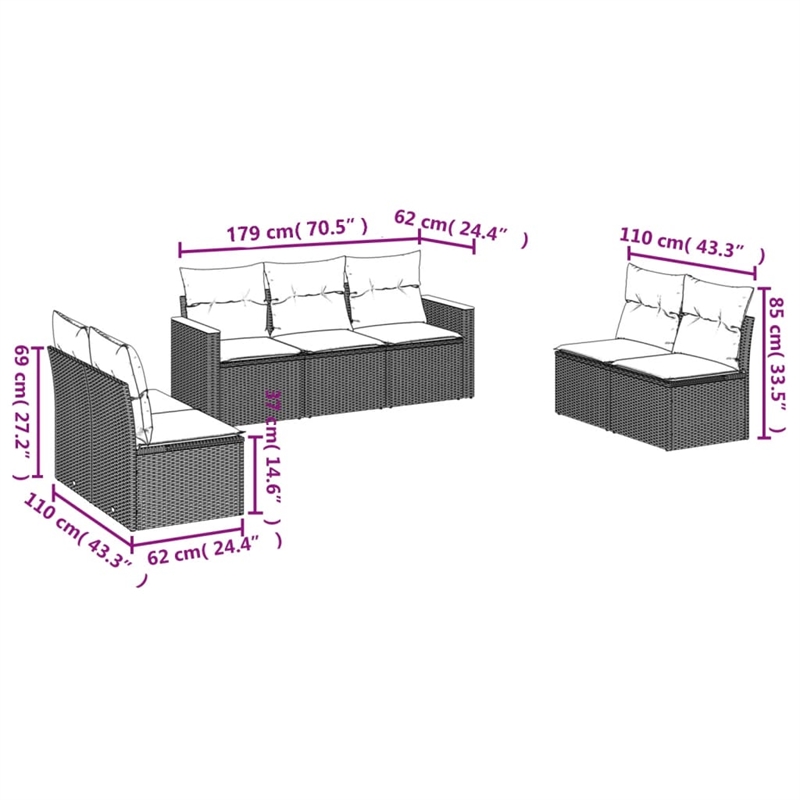 Afuera Living Contemporary 7 Piece Poly Rattan Sofa Set in Black/Cream