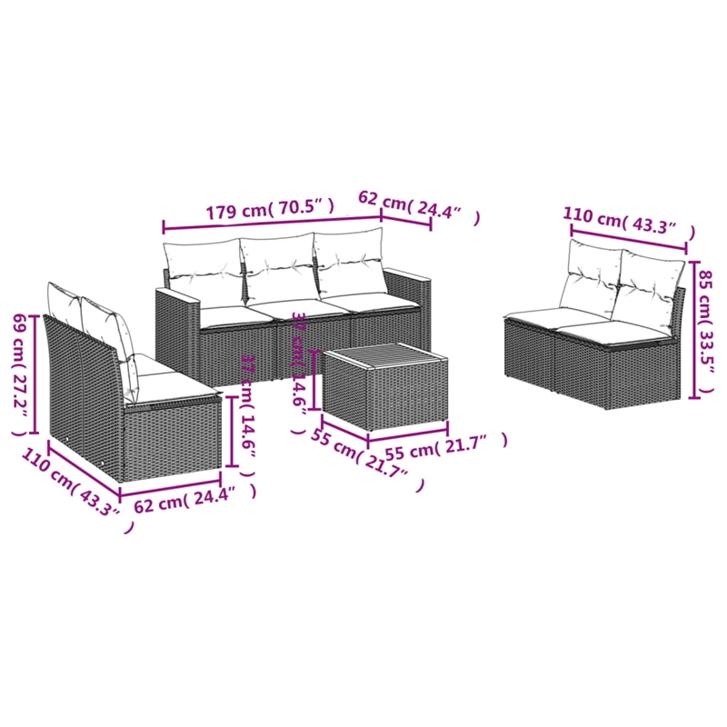 Afuera Living Contemporary Synthetic Poly Rattan 8 Piece  Sofa Set in Black