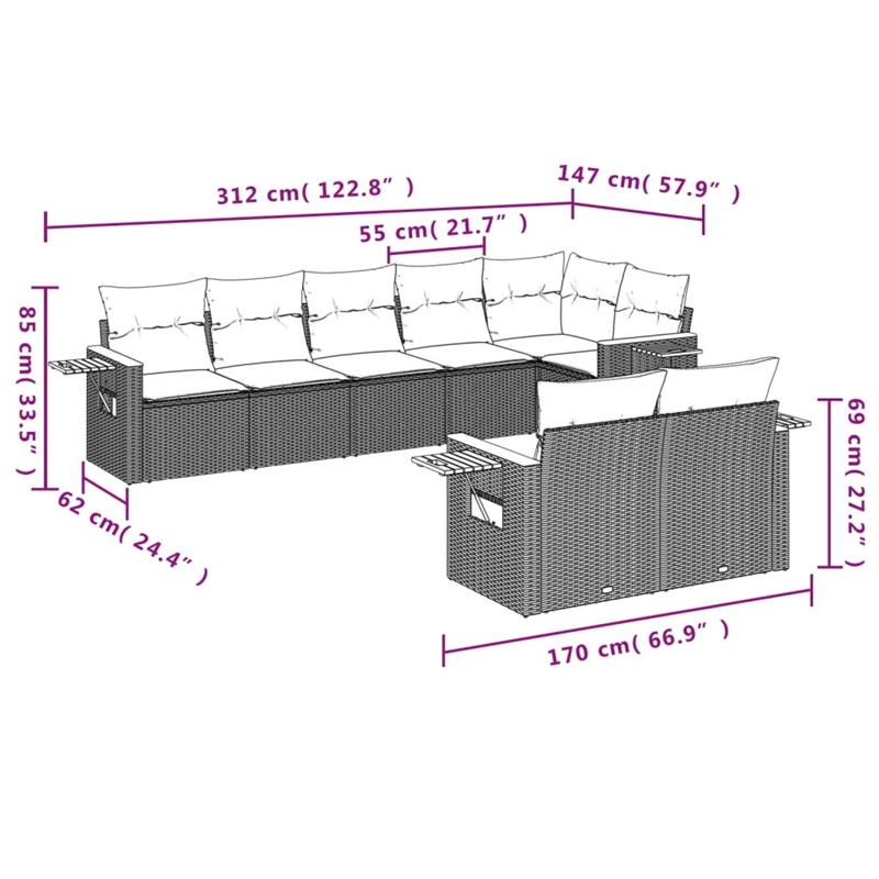 Afuera Living Contemporary 8 Piece Poly Rattan Sofa Set in Black/Cream