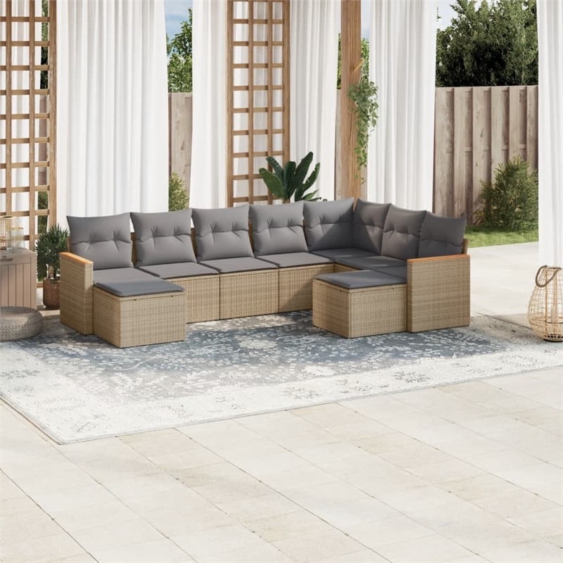 Afuera Living Contemporary Synthetic Poly Rattan 9 Piece Sofa Set in Beige