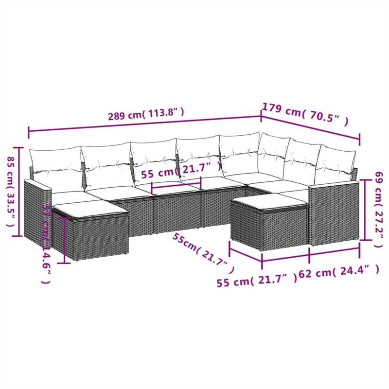 Afuera Living Contemporary Synthetic Poly Rattan 9 Piece Sofa Set in Beige