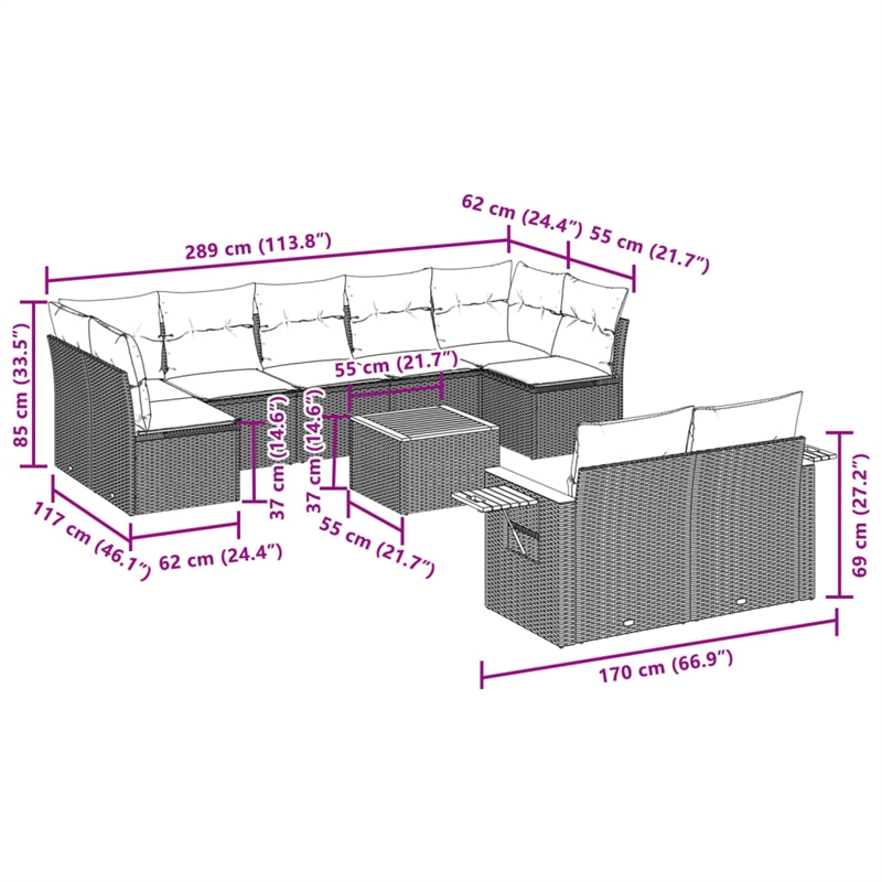 Afuera Living Contemporary Synthetic Poly Rattan 10 Piece  Sofa Set in Gray