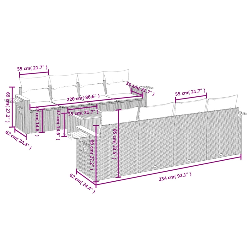 Afuera Living Contemporary 9 Piece Poly Rattan Sofa Set in Gray