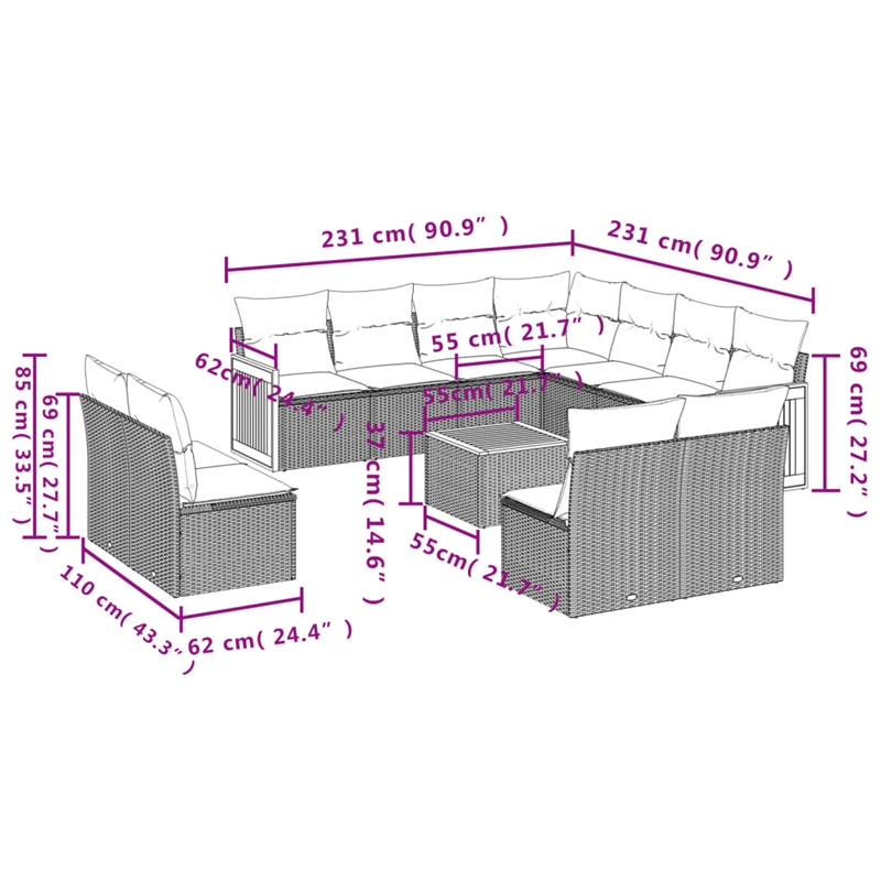Afuera Living 12 Piece Poly Rattan Small Sofa Set in Cream/Beige