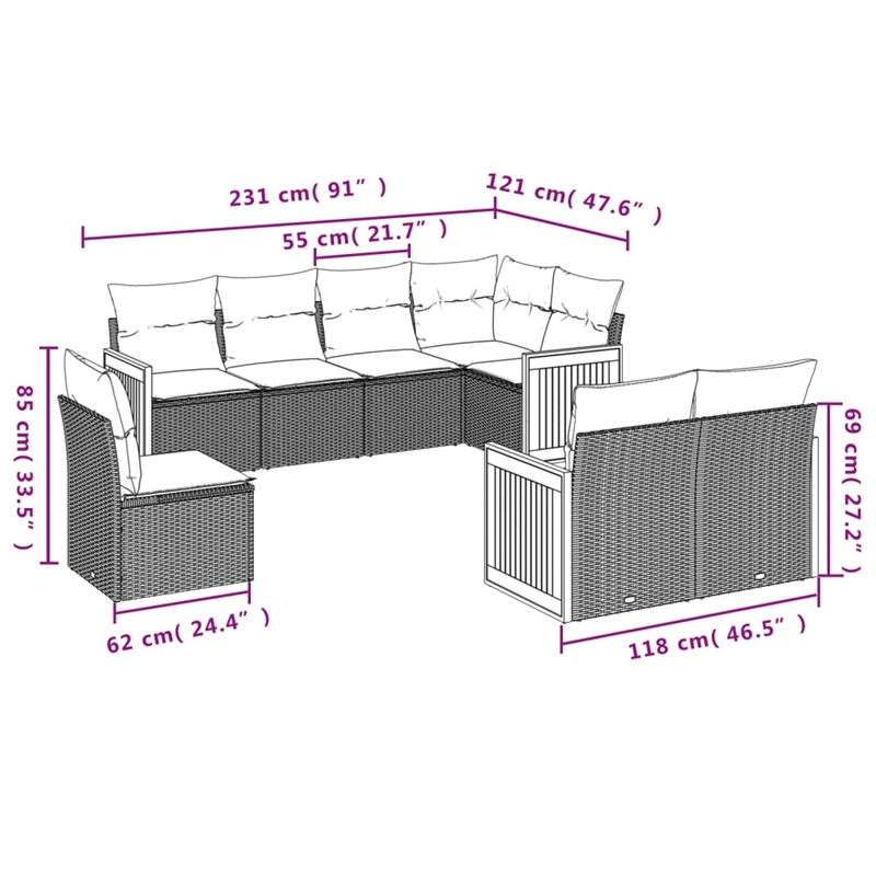 Afuera Living Contemporary Synthetic Poly Rattan 8 Piece Sofa Set in Gray