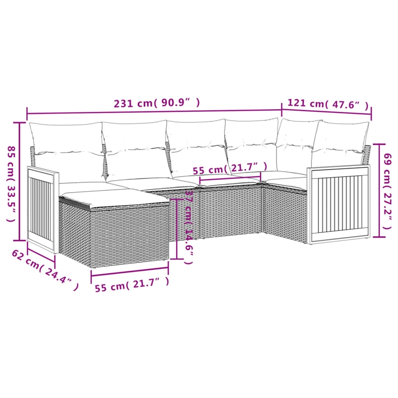 Afuera Living Contemporary 6 Piece Poly Rattan Sofa Set in Black