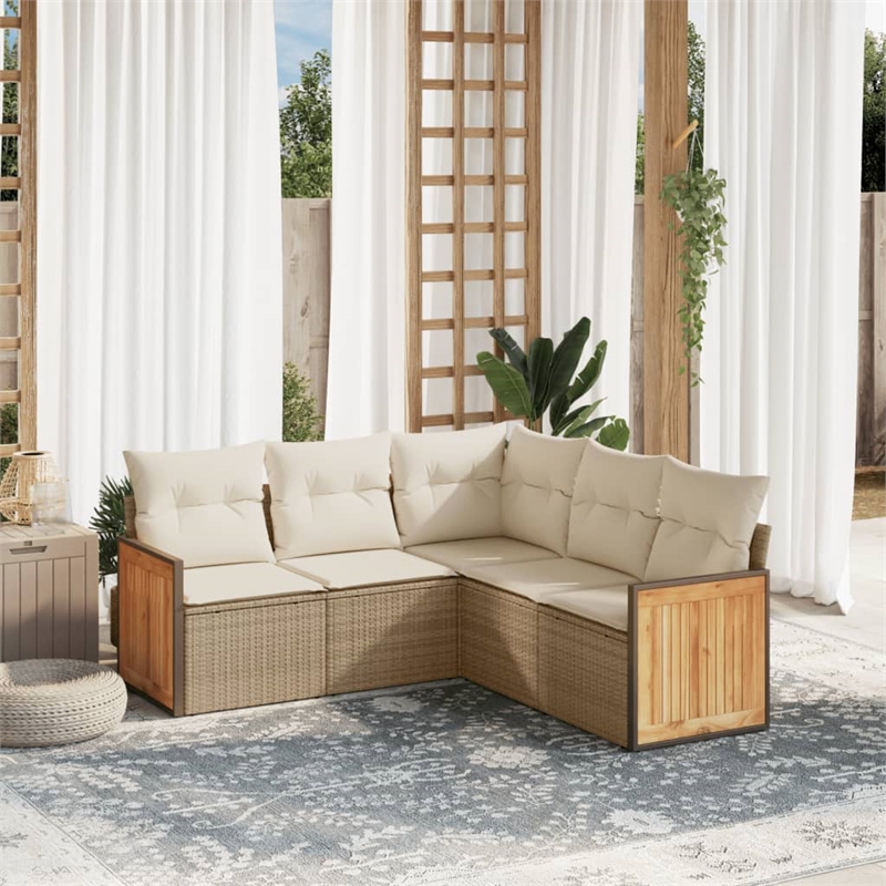 Afuera Living Contemporary Synthetic Poly Rattan 5 Piece  Sofa Set in Beige