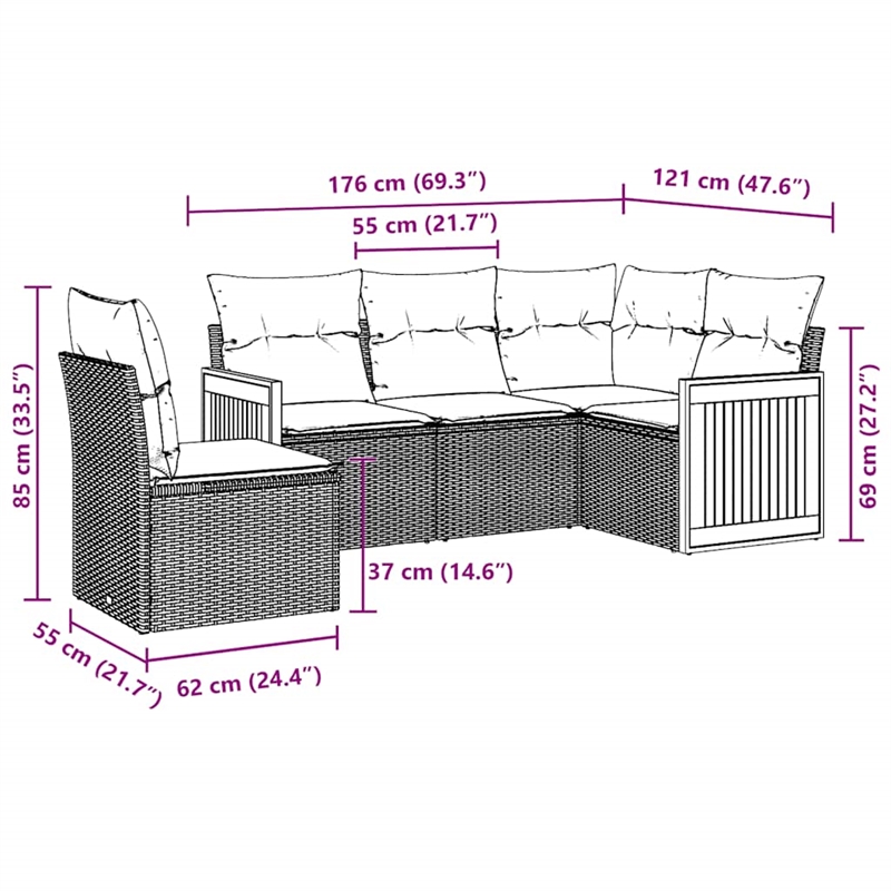 Afuera Living Contemporary 5 Piece Poly Rattan Sofa Set in Black