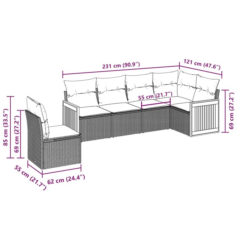 Afuera Living Contemporary 6 Piece Poly Rattan Sofa Set in Black
