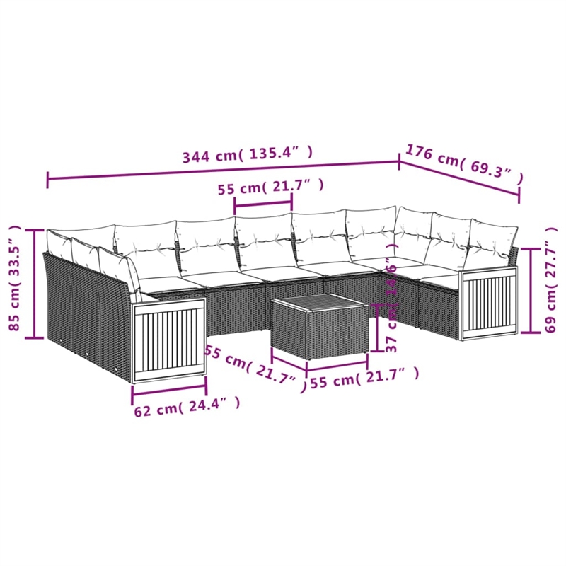 Afuera Living Contemporary Synthetic Poly Rattan 11 Piece Sofa Set in Gray