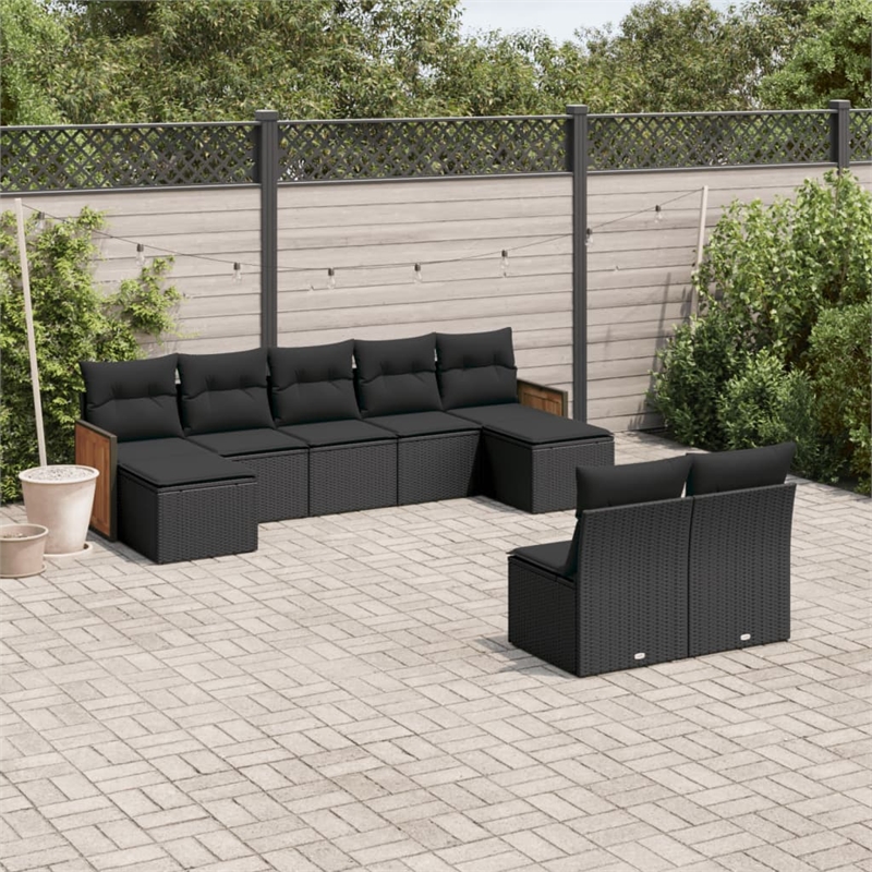 Afuera Living Contemporary Synthetic Poly Rattan 9 Piece  Sofa Set in Black