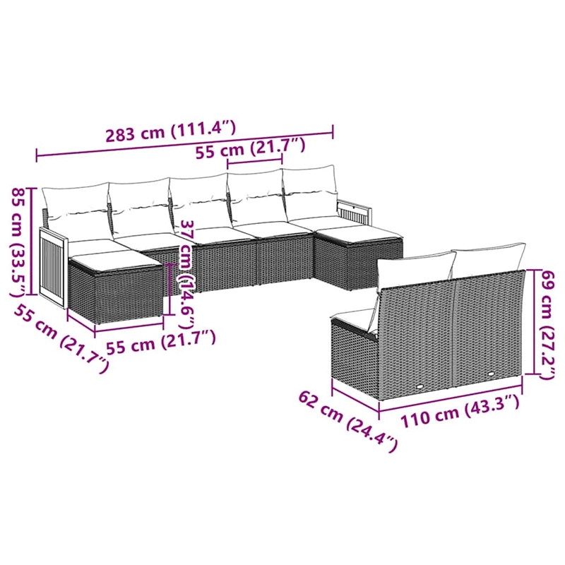 Afuera Living Contemporary 9 Piece Poly Rattan Sofa Set in Black