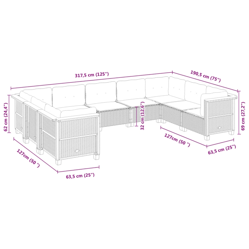 Afuera Living Contemporary 9 Piece Poly Rattan Sofa Set in Cream/Beige
