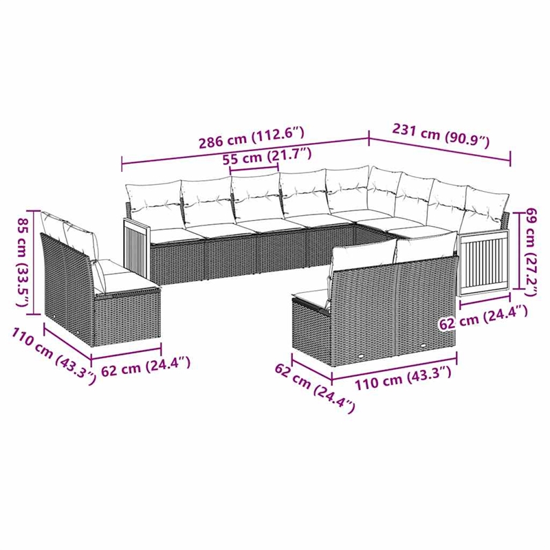 Afuera Living Contemporary 12 Piece Poly Rattan Sofa Set in Black/Cream