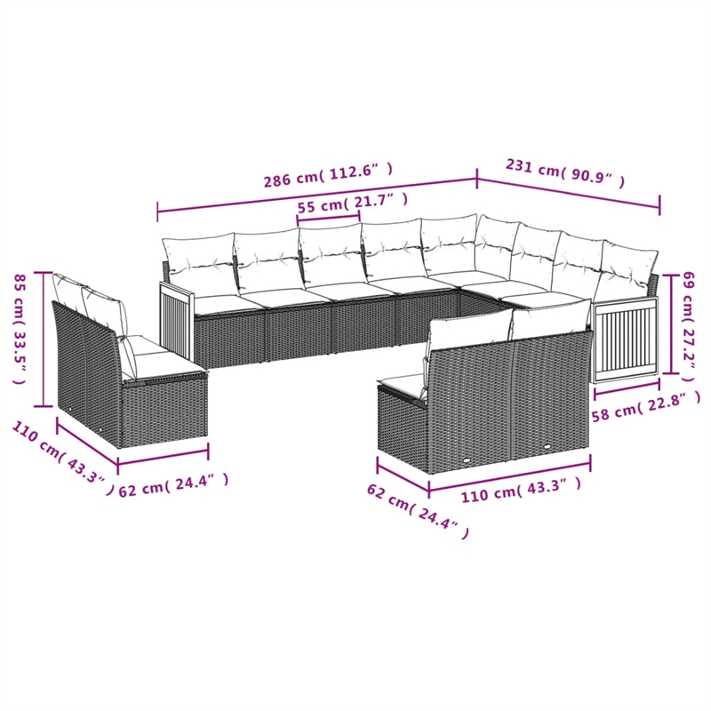 Afuera Living Contemporary 12 Piece Poly Rattan Sofa Set in Gray