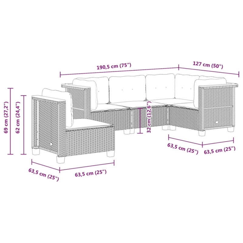 Afuera Living Contemporary Synthetic Poly Rattan 5 Piece  Sofa Set in Gray