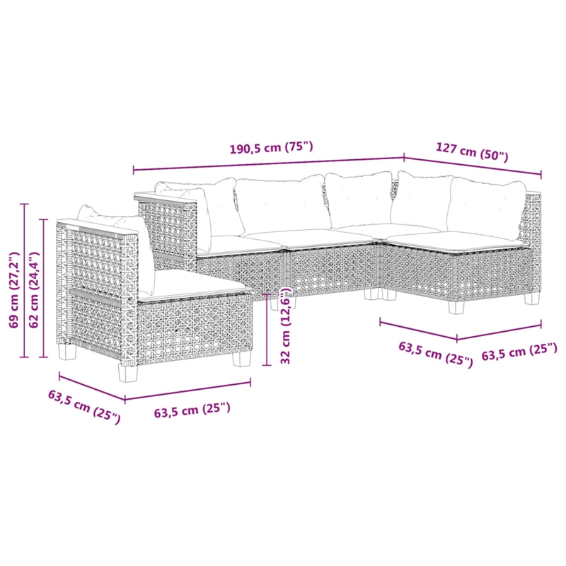 Afuera Living Contemporary 5 Piece Poly Rattan Sofa Set in Gray