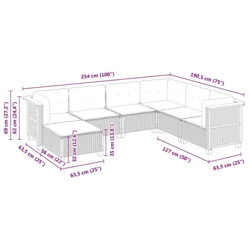 Afuera Living Contemporary 7 Piece Poly Rattan Sofa Set in Black/Cream