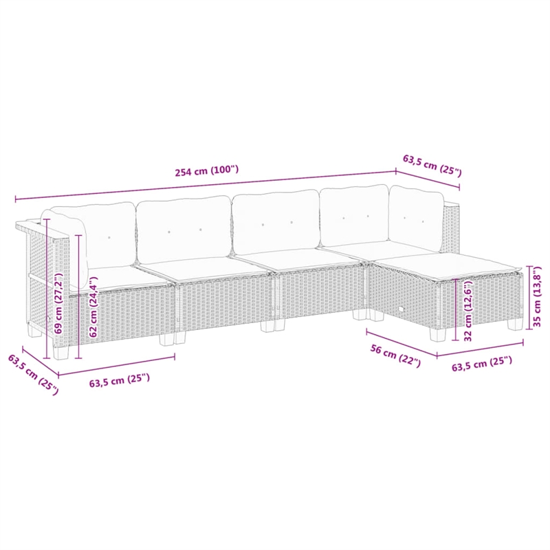 Afuera Living Contemporary Synthetic Poly Rattan 5 Piece Sofa Set in Cream/Beige