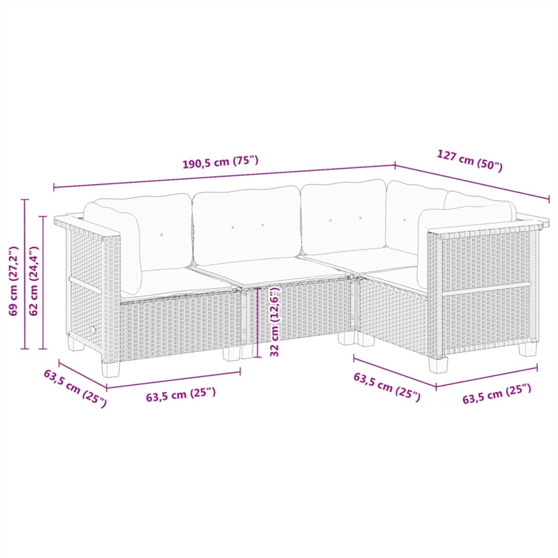 Afuera Living 4 Piece Poly Rattan Small Sofa Set in Black/Cream