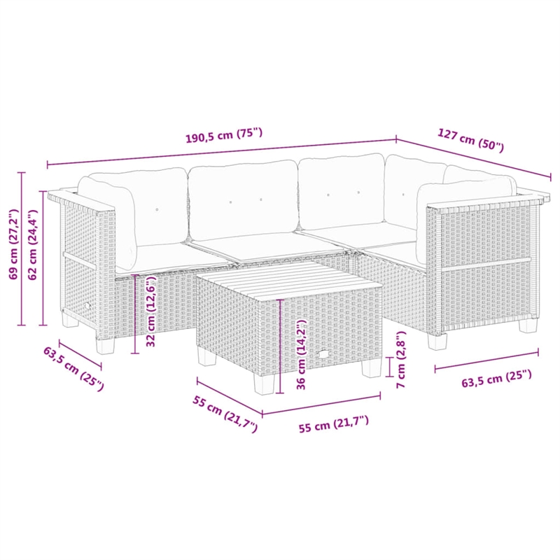Afuera Living Contemporary Synthetic Poly Rattan 5 Piece  Sofa Set in Gray