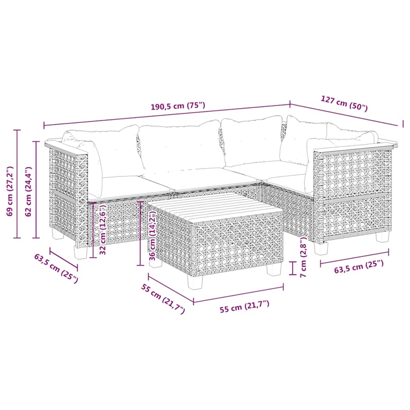 Afuera Living Contemporary 5 Piece Poly Rattan Sofa Set in Beige