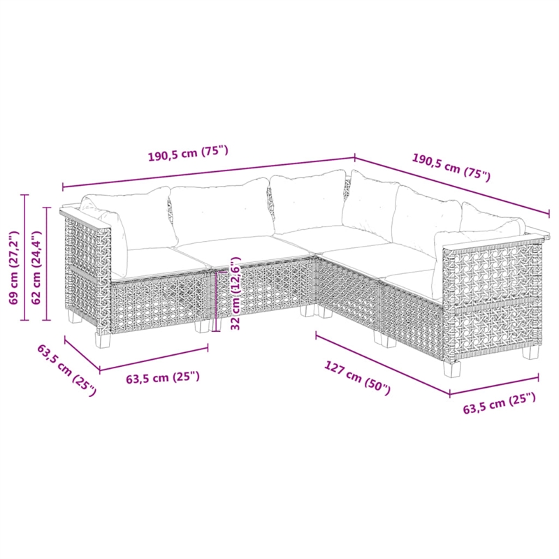 Afuera Living Contemporary 5 Piece Poly Rattan Sofa Set in Black/Cream